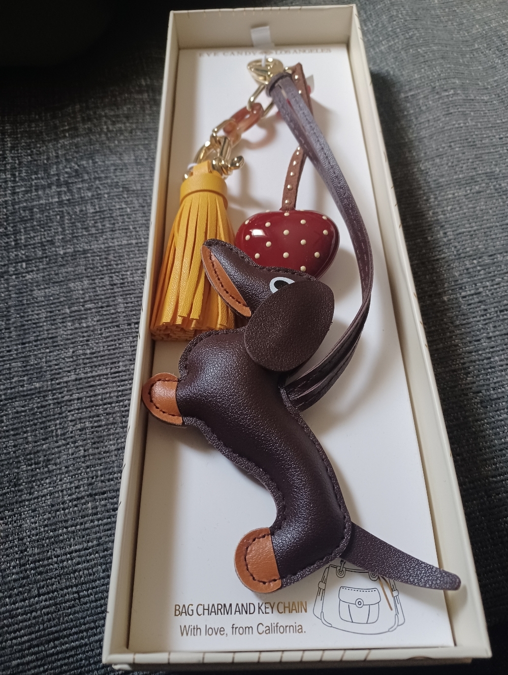 Leather Dachshund Bag Charm Keychain - Brown & Mustard